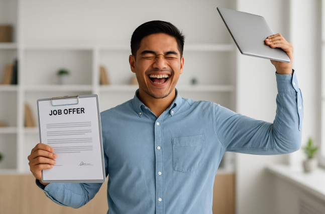 Filipino tech candidate celebrating job placement through an IT recruitment agency
