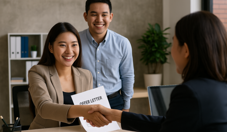 A new hire shaking hands with a hiring manager at a Philippine fintech company, supported by A7 Recruitment Agency Philippines